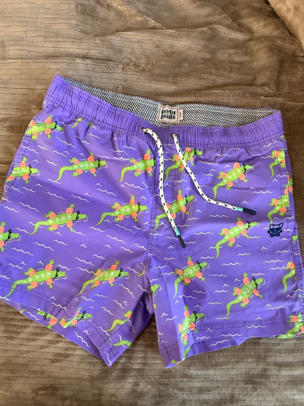 Party Pants Men’s Purple Swim Trunks with Neon Lizard Print